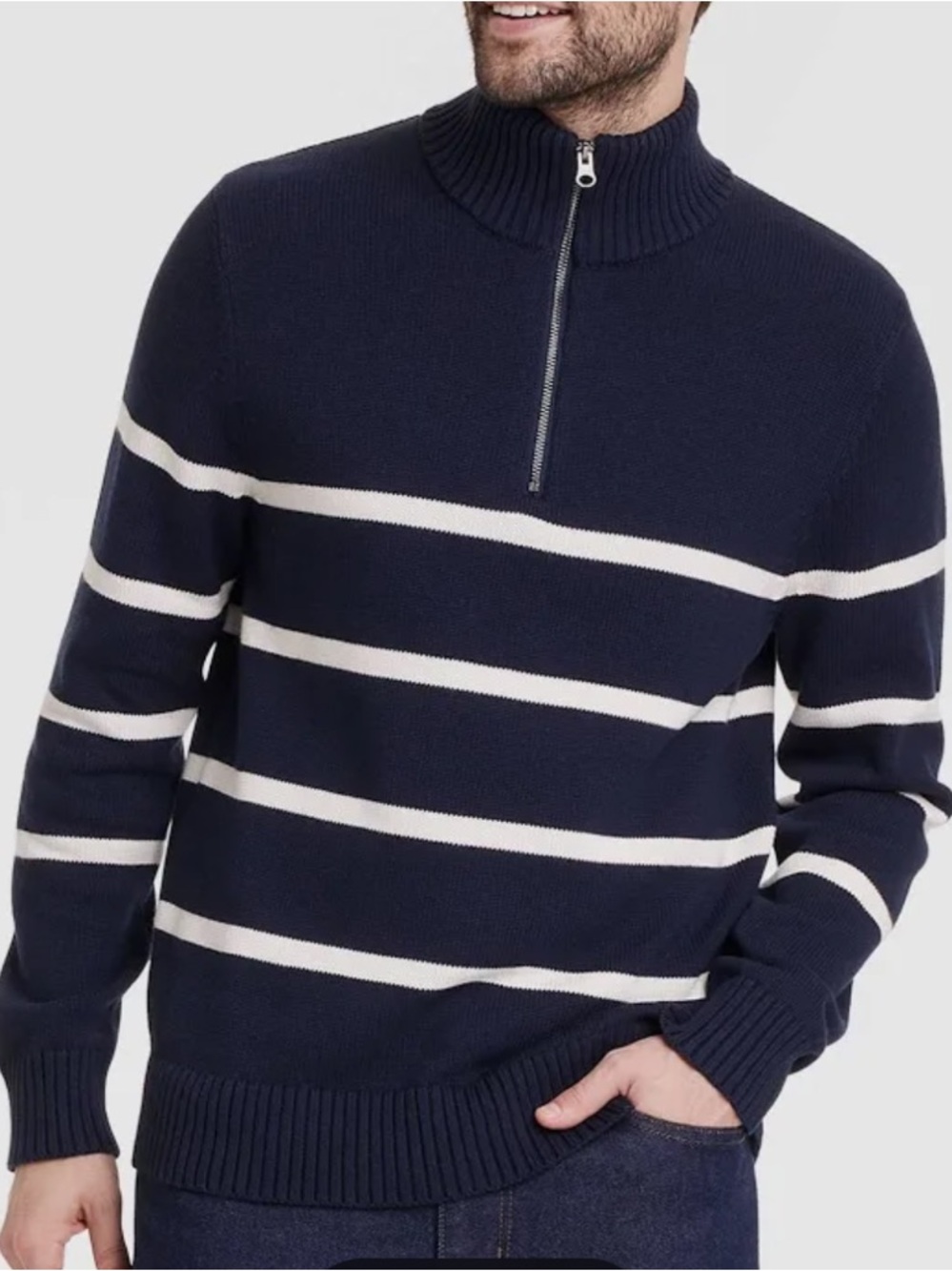New! Goodfellow & Co Navy & White Striped Quarter-Zip Sweater Long Sleeve Medium